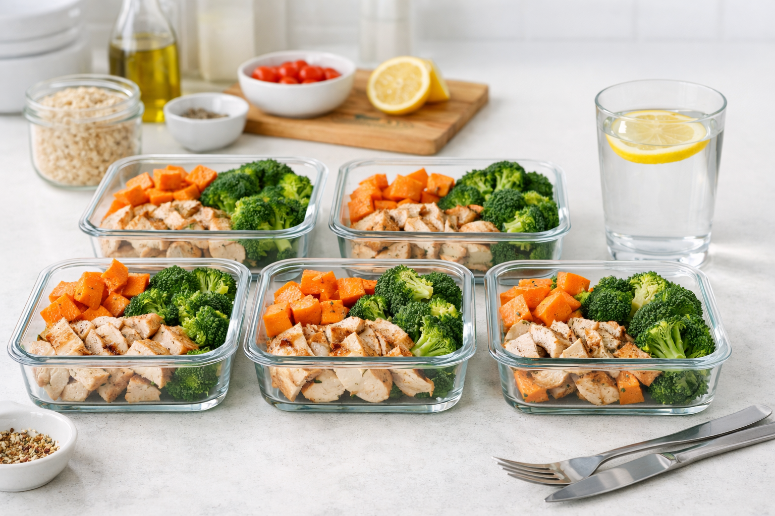 A detailed landscape format (1536x1024) image of a professional meal prep setting. Five glass containers are neatly arranged, each filled wi